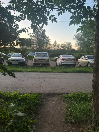 A line of parked cars is visible along a dirt path lined with grass and trees. The cars are predominantly silver and dark-colored. Some of the cars have visible license plates with Cyrillic lettering. The scene appears to be outdoors, with trees and foliage surrounding the area. The sky in the background is a pale blue, suggesting it could be late afternoon or early morning. The overall impression is one of a quiet, perhaps rural, setting. There are no people visible in the image. The presence of cars suggests a parking area or roadside. The lighting is soft, and there are no harsh shadows, indicating a possibly overcast or dusk/dawn condition. The image has a vertical orientation.