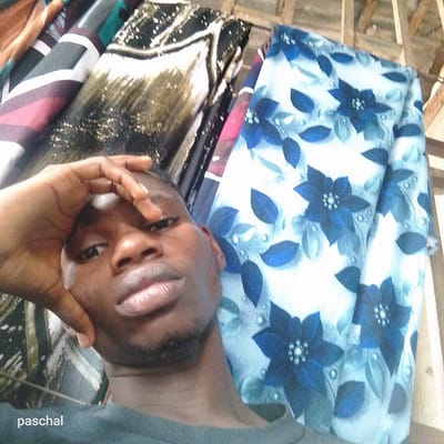 A selfie taken by a person with dark skin is the primary subject of the image. The individual has close-cropped black hair, a defined brow, dark eyes, and full lips. Their right hand is raised to their forehead, and they are wearing a gray t-shirt.
The background is composed of various folded fabrics with different patterns. Some have a floral design in shades of blue on a white background, while others have abstract patterns in brown, white, and shades of red and green.
The photograph was taken indoors, as evidenced by the rafters and wooden beams visible at the top of the frame. Based on the visible textiles, the setting could potentially be a market or textile shop. The name "paschal" is written in the lower left corner. The image was taken in the city of Nsugpe, Nigeria.