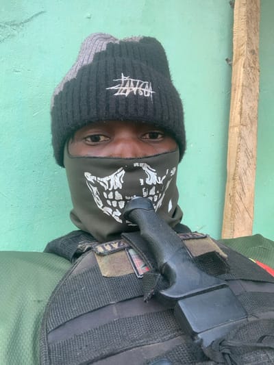 A person in a black and grey knit cap with a Stussy logo, and a dark green face mask with a skull design. The individual's eyes are visible. They wear a tactical vest with various straps and patches. A black object, possibly a weapon or holster, is attached to the vest near the person's shoulder. The background appears to be a green wall and a wooden plank.