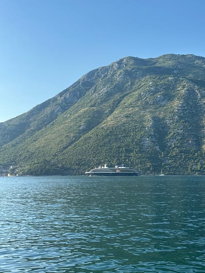 The image depicts a large, serene body of water, identified as a bay or fjord, situated in Prčanj, Montenegro. A massive, verdant mountain, densely covered with green foliage and showing some exposed grey rock faces, dominates the background, rising steeply from the water's edge and filling the majority of the frame's upper and middle sections. The sky above is clear and uniformly bright blue, devoid of clouds.
In the mid-ground, a modern cruise ship with a dark hull and lighter upper decks is positioned on the water, appearing to be in motion or recently anchored, evidenced by a faint wake trailing behind it. Further to the right and closer to the distant shoreline, a small white sailboat is visible. Along the base of the mountain on the left side, several small, light-colored buildings with reddish roofs are discernible on the distant shoreline, indicative of a coastal settlement. The water's surface exhibits subtle ripples, reflecting the clear blue sky and the green tones of the surrounding landscape. No individuals are visibly present on the ships or shore. The lighting suggests a clear day.