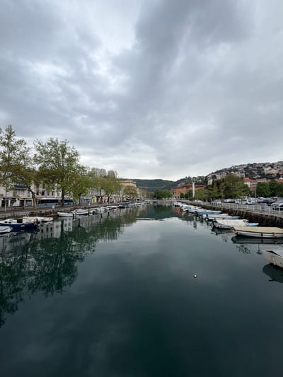The image depicts the Mrtvi Kanal (Dead Channel) in the city of Grad Rijeka, Croatia. The scene is taken from street level, looking across the water towards the opposite bank. Rows of buildings and trees line the waterfront, and several boats are docked alongside the quayside. The water reflects the buildings and cloudy sky above. There are no visible people performing discernible actions in the scene.