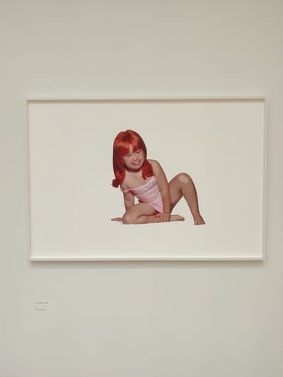 A framed photograph hangs on a plain, cream-colored wall. The photograph, oriented vertically, features a young child with bright red hair and a pink swimsuit. The child is positioned in the upper portion of the frame, curled into a fetal-like pose. They are looking towards the viewer with a wide smile, exposing their teeth, and have blue eyes and freckles. A thin, gold bracelet adorns their left wrist. The background of the photograph is stark white, with no discernible setting or details.
Below and to the right of the framed artwork, there are two lines of text printed directly on the wall. The top line reads: "PAULA REGGIANA - OLYMPIA". The second line appears to be smaller and reads: "1999 / 135x100 cm / 135x100cm". The lighting in the image appears to be even and artificial, suggesting an indoor setting such as an art gallery or exhibition space. The overall mood conveyed by the image is playful and innocent, though the juxtaposition of the child's pose and expression with the clinical white background might also evoke a sense of unease or contemplation for some viewers. The provided location context is The Hague, Netherlands.