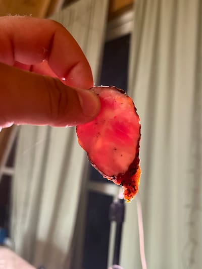 A person is holding a slice of cooked meat between their thumb and index finger. The meat is a bright pinkish-red color with some darker, charred edges. The background consists of vertical curtains. The image was taken in the city of Vasilyevo, Russia.