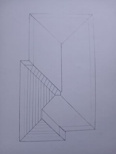 The image is a pencil sketch of a roof structure, possibly from a bird's-eye view or an isometric perspective. The main body of the roof is rectangular with a central ridge line dividing it into two planes. Attached to one side of this main roof is a smaller, multi-faceted section. This smaller section appears to be a dormer or a connected structure with several angled surfaces. One prominent feature of this smaller section is a series of parallel lines drawn on one of its inclined surfaces, suggesting texture or a specific roofing material. The overall impression is of an architectural drawing or a preliminary sketch of a building's roof. There are no people, animals, or any indication of the city of Egbagu, Nigeria, within the image.