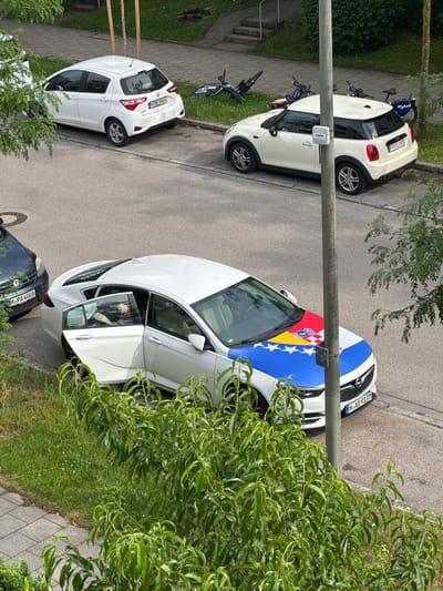 A high-angle, eye-level, medium shot captures a street scene in Munich, Germany. The foreground is dominated by lush green foliage from a tree. Beyond the foliage, a white Opel Insignia sedan is parked on the street, its driver's side door open. The car's hood is partially wrapped in a decal featuring the flag of Bosnia and Herzegovina, with a blue background and yellow stars and stripes, along with what appears to be a shield emblem. The license plate reads "M AD 9137".
Further down the street, a white Mini Cooper is parked, its license plate reading "FF BD 1905". To the left of the Mini Cooper, a white Toyota Yaris is parked, displaying the license plate "M BE 8804". Behind the Mini Cooper, several bicycles are parked, some with "MyTaxi" branding. To the far left of the frame, a dark-colored car, possibly a Volkswagen, is partially visible, with its license plate showing "M PA 4008". The environment includes a paved sidewalk and grassy areas with trees and bushes. A light pole stands in the middle right of the frame.