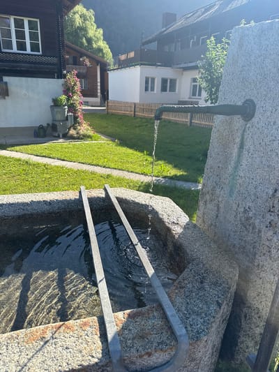 In Hüsen, Switzerland, a stone fountain with a metal spigot is dispensing water into a basin filled with dark water. Two metal bars are submerged in the water. Sunlight reflects off the water's surface. In the background, a wooden house with a white-trimmed window is visible, along with a fence and more houses. Trees and a mountain are also present in the background, suggesting an outdoor setting.
