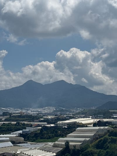 This image shows a panoramic view of Lạc Dương city in Vietnam. The foreground is dominated by a dense cluster of greenhouses, their white, translucent roofs forming a textured pattern across the landscape. These structures vary in size and shape, indicating agricultural activity. Beyond the greenhouses, the middle ground reveals a sprawling urban area with a mixture of buildings, some appearing to be houses and others larger industrial or commercial structures. A prominent feature of the background is a range of lush, green mountains, their slopes covered in dense vegetation. The sky above is a dramatic mix of bright blue patches and large, fluffy white clouds, suggesting a partly cloudy day. There are no people or animals visible in the image.