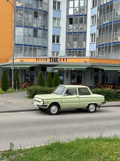 A light green, vintage car is parked on the side of an asphalt road in front of a modern building with orange and blue accents. The building appears to be a restaurant or cafe, with outdoor seating visible under green awnings. Several conical evergreen trees are planted in a grassy area between the building and the parked car. The car's license plate is visible and reads "M 124HA 198". The scene is well-lit, suggesting it is daytime. The grass on the right side of the road is tall and green, with a few yellow wildflowers scattered amongst it. The overall setting appears to be a commercial area or street in Murino, Russia. There are no people visible in the image. The image is oriented vertically.