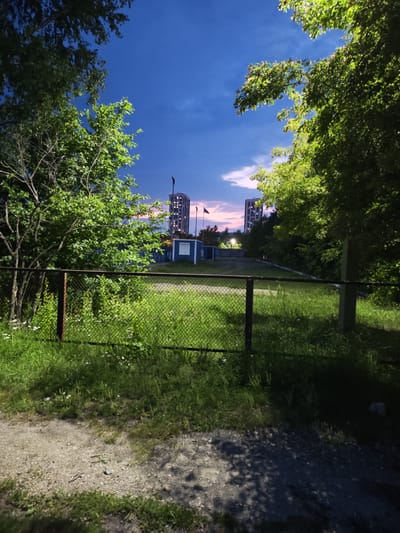 The image depicts an outdoor scene in Ussurijsk, Russia, at twilight. In the foreground, a gravel path leads to a fenced area with lush green grass and scattered small white flowers. A chain-link fence with a rusty metal top rail separates the path from the grassy area. Beyond the fence, a small blue building with a white window is visible, and behind it, two tall, modern apartment buildings with many illuminated windows stand against a dusky sky. The sky is a deep blue, transitioning to pink and orange hues near the horizon, with wispy clouds. Green trees frame the scene on both sides, with their leaves illuminated by artificial light, suggesting it is evening or early morning. Two flagpoles with flags are visible near the apartment buildings. No people are present in the image.