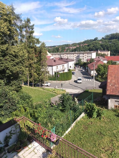 The image depicts a sunny day in a residential area of Bochnia, Poland, with a view from an elevated position, likely a balcony or upper floor. In the foreground, there is a balcony with potted plants, including red and pink flowers, and a railing. A grassy slope with some scattered plants and a chain-link fence borders the property.

Further down, a street scene unfolds. Cars, including a white van and a white SUV, are visible on a road that intersects with another street. Pedestrians are walking on the sidewalk. Buildings in the mid-ground consist of multi-story apartment blocks and smaller residential houses with tiled roofs. Trees and lush green foliage are abundant throughout the scene, with a dense forest covering the rolling hills in the background. The sky is a clear blue with scattered white clouds.