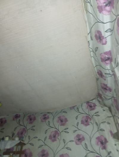 The image depicts an interior scene, possibly a room in a residential building, located in Rahachow, Belarus. The dominant visual elements are wallpaper with a floral pattern of purple flowers and green stems against a light background, and a plain, light-colored surface that appears to be a wall or ceiling. The floral wallpaper covers the lower portion of the image and also extends to the right side, suggesting it is a prominent decorative feature of the space. Some details of furniture or shelves are partially visible at the bottom left, adorned with what appears to be a white cloth or covering, and some decorative items. The lighting is dim and the overall impression is one of a lived-in space.