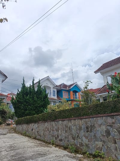 A street view features a stone wall and various houses. One house stands out with bright blue and orange paint. Tall green trees and bushes line the wall, partially obscuring the houses. The sky is overcast. A small antenna is visible atop one of the houses. The street is paved.
