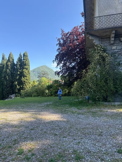 The image depicts an outdoor scene in Erba, Italy, with a view of a mountain in the background. A person wearing a blue jacket is standing on a grassy area next to a gravel path. To the left, there is a building with stone walls and a decorative metal railing. A mix of trees, including dark-leaved ones, borders the path, while taller evergreen trees are visible towards the bottom left of the frame, set against a clear blue sky.