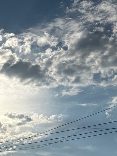 This is an outdoor, vertical, medium-distance shot of a sky filled with clouds and power lines. The sky is a light blue, with white and gray clouds scattered across it. Some clouds are fluffy and bright, while others are darker and more textured. Several dark power lines are visible in the lower portion of the image, crisscrossing each other. The lighting suggests it is daytime, possibly late afternoon or early morning due to the soft light filtering through the clouds. No people or buildings are visible. The image was taken in Abovyan, Armenia.