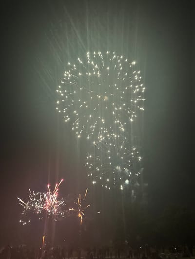 This image captures a fireworks display in the city of Lille, France, during an evening event. The night sky is illuminated by multiple bursts of fireworks. A large, predominantly white firework is centrally located in the upper portion of the frame, with streaks of light extending upwards and outwards. Below it, and slightly to the right, is a smaller, similar firework. In the lower left of the image, a cluster of smaller, reddish and white fireworks are exploding. Silhouetted figures of a crowd of people are visible standing along the bottom edge of the frame, facing the fireworks. Trees and darker areas are also present in the lower right section of the image, suggesting an outdoor location within the city.