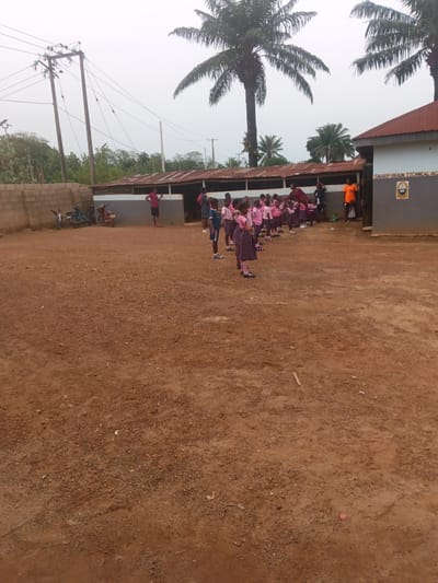 This image captures an outdoor scene, likely a school compound in Abakaliki, Nigeria. The foreground consists of reddish-brown dirt ground, scattered with small stones and debris.
In the midground, a group of approximately 15-20 children, mostly girls, are lined up in rows. They are predominantly dressed in pink short-sleeved shirts and plaid (checkered) skirts, appearing to be school uniforms. A few children wear blue and white uniforms. An adult, possibly a teacher, wearing a red patterned top and dark skirt, is standing among the children. To the right, another adult in an orange t-shirt stands near a building. On the left side of the midground, against a block wall, two bicycles and a red motorcycle are parked.
The background features various structures and natural elements. To the far left, there are utility poles with numerous power lines stretching across the sky. Further back, green foliage and other buildings are visible. Dominating the upper background are several tall palm trees with dense fronds, and other scattered green trees.
On the right side of the image, a single-story building with a reddish-brown corrugated metal roof is prominent. The building's walls are painted in two tones of grey, light on top and darker below. Visible text on the building wall reads "SHARP BRAIN TECHNICAL ACA" with the rest of the word "ACADEMY" cut off from view. Below this text, there is a circular school logo or crest.
The sky is overcast and appears light grey, suggesting either an early morning, late afternoon, or simply a cloudy day. The overall impression is that of a school activity, possibly an assembly or lining up for class, taking place outdoors on a dirt playground or compound.