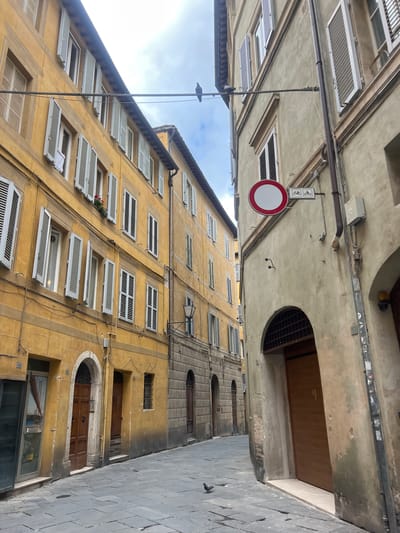 The image shows a narrow street in Siena, Italy, looking upward between tall, closely positioned buildings. The buildings are a light golden-yellow color with multiple windows, many featuring white shutters or awnings. The building to the right of the frame seems older. A street sign is visible above, displaying a red and white 'no entry' symbol, along with a bicycle symbol. The street surface is composed of gray stone blocks. Above, glimpses of a cloudy sky can be seen between the buildings.