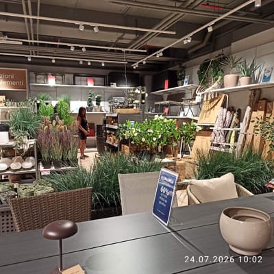 The image is a medium shot, taken indoors, likely within a retail store, possibly a furniture or home goods store, in Modugno, Italy, as indicated by the date stamp "24.07.2026 10:02" which suggests a future date, but the presence of such a stamp implies localization. The scene is illuminated by track lighting on the ceiling. In the foreground, a dark gray table is visible with a small, brown, mushroom-shaped lamp on a thin stem. A beige ceramic bowl sits to the right of the lamp. Behind the table, a wicker chair with a beige cushion is positioned. To the left and center of the image, a display of artificial plants and foliage is arranged, with tall, wispy grasses and leafy ferns in black pots. To the right, a woman in a black dress and sandals is standing, facing away from the camera, looking towards a display of garden furniture. Various shelving units with products are visible in the background, including boxes, umbrellas, and more plants. A blue sign with white text, possibly an advertisement or promotional material, is propped on the table in front of the wicker chair, displaying "RISPARMIA FINO AL 60% su molti mobili da giardino" (Save up to 60% on many garden furniture). The overall environment suggests a retail setting focused on home and garden decor.