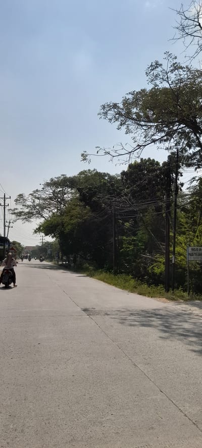A bright, sunny day illuminates a paved road in Grabagan, Indonesia. The road, bordered by lush green trees and vegetation, stretches into the distance. Overhead, a network of power lines crisscrosses the sky, supported by utility poles. On the right side of the road, a sign reads "MASJID AN-NAJAH PAUD-TK UM..." indicating a mosque and early childhood education center. A few motorcycles are visible on the road, one in the foreground with a rider wearing a headscarf, and others further down the road. The scene suggests a typical day in a semi-urban or rural Indonesian setting, with everyday transportation and community infrastructure.