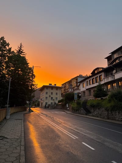 An eye-level, vertical, medium shot captures a street in Smolyan, Bulgaria, during a vibrant sunset. The sky transitions from a clear, pale blue at the top to a fiery orange hue near the horizon, casting a warm glow over the scene. Lush, dark green trees dominate the left side of the frame, their foliage silhouetted against the brightly colored sky. A yellow railing lines the sidewalk on the left, which is paved with hexagonal stones. A lamppost stands on the sidewalk, its light unlit.

The road, wet and reflective, stretches into the distance, mirroring the intense orange light of the sunset. White double lines mark the center of the road, and single white lines delineate the lanes. A dark-colored car is visible driving away from the viewer on the right side of the road.

On the right side of the street, several multi-story buildings are built into a hillside. The architecture features balconies, arched windows, and tiled roofs. Some windows reflect the sunset's glow. Greenery and stone walls terrace the hillside where the buildings are situated. Signs, including a pedestrian crossing sign, are visible near the buildings. The overall impression is a peaceful evening scene in a town nestled amidst hills, bathed in the dramatic light of sunset.
