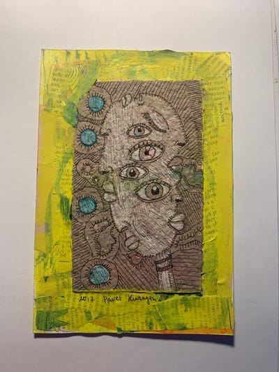 This is a collage artwork on a yellow, textured background. The central focus is a drawing of a creature with multiple eyes, rendered in black ink on brown paper. The creature has a whimsical, slightly unsettling appearance, with a large head and a segmented body. Below the creature, there are several circular shapes, some filled with blue and pink colors. The background is made of torn newspaper fragments, with visible Russian text. There is also some green paint applied in broad strokes around the edges of the collage. The text visible includes phrases like "Golden," "The Ros," and what appears to be Russian Cyrillic. The overall aesthetic is folk art or outsider art, with a handmade and expressive quality. The artwork is signed "Pavel Kirur 2021" on the right side, indicating it was created by an artist named Pavel Kirur in 2021. The location context of Sergeevo, Russia, suggests the newspaper clippings might be from local publications.