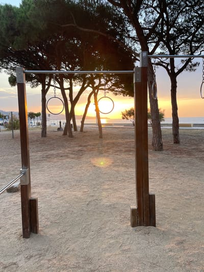 The image shows an outdoor gym with gymnastic rings on a sandy area, likely a beach or park, in Blanes, Spain. The sun is setting over the sea, casting a warm glow on the scene. Tall pine trees are scattered around the gym, providing shade. In the background, the sea is calm, and a few buildings and a promenade can be seen. The gym structure consists of wooden posts and a metal bar. The gymnastic rings are hanging from chains attached to the bar. The ground is covered in sand and pine needles. There are no people visible in the image.