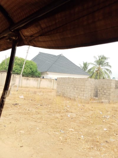 This image depicts an outdoor scene in Ajaokuta, Nigeria, observed from under a brown fabric canopy, likely part of a vehicle's roof, which occupies the top third of the frame. A dark metal support pole for the canopy is visible on the left. The immediate foreground shows dry, sandy-brown soil sparsely covered with dead yellowish vegetation and scattered white and dark litter.
In the mid-ground, a light-colored concrete block wall, approximately 1.5 meters high, stretches horizontally from left to center. Behind this wall, on the left, a tall wooden utility pole stands, and a dense, full-canopied green tree, possibly a mango tree, is visible. To the right of the scene, an unfinished structure made of gray concrete blocks forms a partial wall, about waist-height, with an apparent opening for a door or window.
The background is dominated by a modern, single-story residential building with light-colored walls and a complex, multi-gabled roof covered in dark gray or black tiles. The building appears to be enclosed by a fence topped with barbed or razor wire. To the right of this building, a tall palm tree with green fronds and visible coconuts stands against an overcast, light gray sky. No individuals are present in the scene.