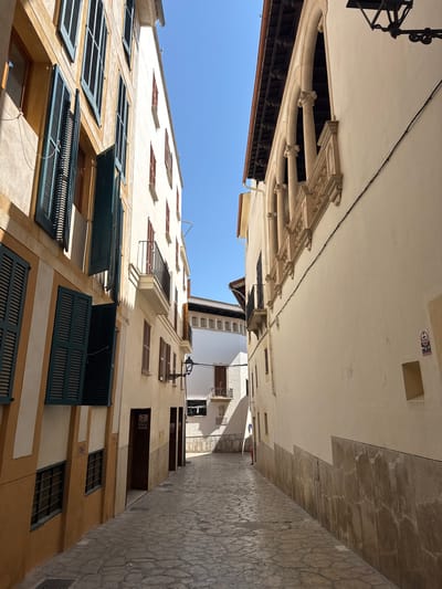 The image shows a narrow, cobblestone street in the city of Palma de Mallorca, Spain, under a clear blue sky. Tall buildings flank both sides of the street, casting long shadows. The building on the left has a yellow and white facade with multiple windows covered by dark green shutters, some of which are open. The building on the right is cream-colored with a stone balustrade along an upper-level balcony supported by arched columns. A black wrought-iron street lamp is attached to this building. Several doors are visible on the ground floor of the left building, and a red trash bin is visible further down the street on the right. The architecture suggests a historic European city.