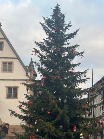 A large, fully decorated Christmas tree stands prominently in what appears to be a public square or street in Obernai, France. The evergreen tree is adorned with numerous ornaments, including red spherical baubles, clear spherical baubles, red heart-shaped pretzel ornaments, light brown wooden rocking horse figures, and red-hatted gnome figures.

To the left of the tree, a historic building with a light-colored, possibly cream or beige, stucco facade is visible. This building features multiple rectangular windows with dark frames and a steep, light-colored tiled roof culminating in a prominent gable. A decorative turret with a conical, dark-tiled roof and a finial is situated behind the tree on the building's left side.

To the right of the tree, a narrow street or alleyway is partially visible, flanked by another multi-story building with darker details and visible window shutters. A tall, dark pole or mast rises behind the tree on this side. Below it, a festive garland decorated with hanging bells stretches across the street. A blue and white street sign is also partially visible on the right.

In the bottom left corner, a portion of a male individual is visible, wearing a light-colored jacket and facing generally towards the right. His head, shoulders, and upper torso are within the frame. The sky above is overcast and light grey.