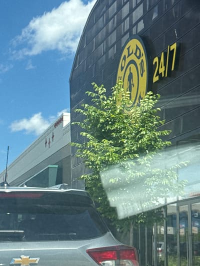 A Gold's Gym 24/7 sign is visible on the dark, modern facade of a building. A mature, leafy tree with bright green foliage stands in front of the building. To the left, a portion of a light-colored building with red diamond accents is visible, along with a portion of a silver Chevrolet SUV. The sky above is blue with white clouds.
