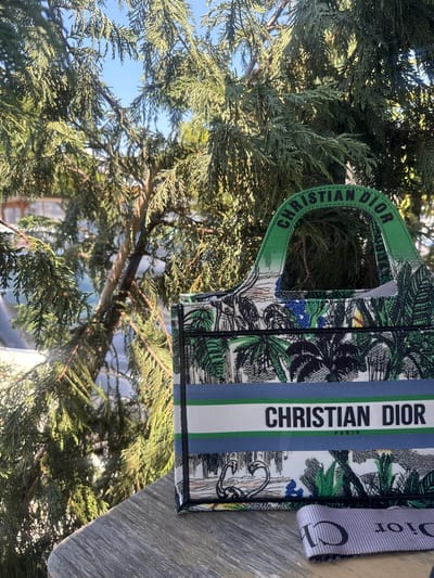 A Dior tote bag with a jungle print and "CHRISTIAN DIOR PARIS" text is placed on a wooden surface in front of a green leafy tree. The bag has green handles with "CHRISTIAN DIOR" text. A ribbon with "Dior" text is also visible. The background shows a tree with green leaves and a clear blue sky. There are no people present.