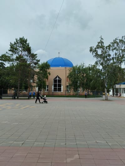 A wide shot captures a paved plaza in front of a building with a prominent blue dome. The building appears to be a mosque or a similar religious or cultural center, with light brown walls and large, arched windows. Tall green trees frame the building, with one particularly large birch tree on the right side of the image.
In the foreground, a person dressed in black is pushing a stroller containing a baby. They are walking across the tiled plaza. Further back, near the building, two individuals in blue jackets are standing. Other people are visible in the distance, near benches and a fence that surrounds the building's grounds.
The sky is overcast, suggesting a cloudy day, possibly in the late afternoon or early evening given the soft lighting. The plaza itself is paved with square tiles in varying shades of grey and red, arranged in a patterned manner. A black metal fence with decorative golden elements separates the plaza from the building's property. There is a small, modern kiosk-like structure with a blue roof on the far right of the image. The scene conveys a sense of everyday life unfolding in a public space. No visible text is present in the image.