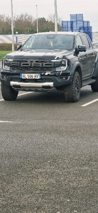 A gray Ford pickup truck, viewed from the front and side, is parked on asphalt. The truck has a large "FORD" grille, black wheels, and a license plate that reads "GL-506-RV." A blue metal structure appears in the background, along with some vegetation and a light-colored sky. The image is oriented horizontally.