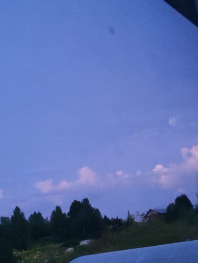 The image shows a twilight scene with a deep blue sky and scattered clouds tinged with pink. In the foreground, a dense line of dark green trees stretches across the frame, partially obscuring a grassy area with some yellow flowers. A small, rustic building with a dark roof is visible nestled amongst the trees on the right side of the image. The bottom of the frame is occupied by a curved, light-colored surface, possibly the hood of a vehicle. The overall impression is of a rural landscape at dusk, near the city of Chukhlem, Russia.