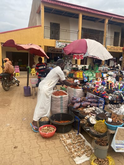 The image depicts an outdoor market scene in Kafanchan B, Nigeria, likely a bustling commercial area. In the foreground, a man dressed in a white robe is actively engaged in weighing dried goods from a large burlap sack into a white plastic container. Beside him, a red bowl overflows with dried chili peppers, and a black bucket also contains chili peppers. To his left, more dried goods are displayed, including what appears to be ginger spread out on a white cloth.
Behind him, a diverse array of items are on display, suggesting a general goods market. Shelves and tables are laden with packaged goods, bottles of cleaning supplies, toiletries, and various spices or dried foods. A sign reads "POS," indicating a point of sale system. Two large umbrellas, one red and one white and pink, provide shade over the stalls.
In the background, a person in an orange hoodie sits on a motorcycle, looking at a phone. Another person in a striped shirt is visible behind the man in white. The buildings in the background are multi-story structures with yellow and cream-colored facades and red roofing. The ground is paved with interlocking bricks. The overall atmosphere suggests a busy marketplace with a variety of goods and transactions taking place.