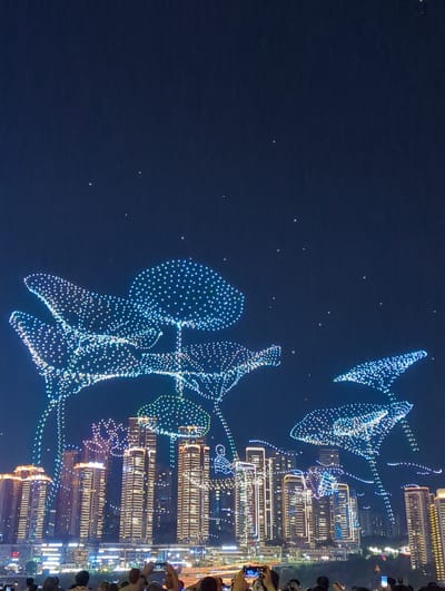The image captures a night scene in Jiangbeicheng Street, Chongqing, China, during a drone light show. The sky is dark, dotted with a few stars. A large formation of illuminated drones creates the illusion of giant, luminous flowers or plants in the sky, with stems and petals outlined by thousands of small lights in blue and white hues. Below the drone display, a cityscape of modern skyscrapers is visible. These buildings are brightly lit, with many windows illuminated, and some feature illuminated architectural elements. The lights from the city create a warm glow. In the foreground, a crowd of people is gathered, many of them holding up their phones to capture the spectacle. The atmosphere appears to be one of public celebration and awe, with the drone performance serving as the central attraction above the urban landscape.