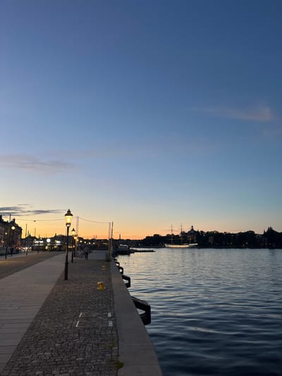 This media file captures a tranquil sunset scene along a waterfront promenade in Stockholm, Sweden. The image is oriented vertically, with the sky occupying the left two-thirds and the waterfront, city skyline, and promenade filling the right third.

The sky transitions from a deep, clear blue at the top to soft hues of orange and yellow near the horizon, indicating the time of day is sunset. Wispy clouds are visible in the transition zone between blue and the warmer sunset colors. The weather appears calm, with a gentle ripple pattern on the surface of the water.

The right side of the image features a body of water, likely a bay or canal, with a dark, textured surface reflecting the dimming light. Along the water's edge is a stone promenade or quay, paved with cobblestones and larger granite slabs in some sections. Several yellow bollards are strategically placed along the promenade. Streetlights with warm, glowing bulbs are spaced along the promenade, illuminating the pathway as dusk settles in.

In the distance, a silhouette of the Stockholm skyline is visible, characterized by buildings with varying architectural styles, including what appears to be a historical structure with a dome and masts, possibly a ship or monument. Trees line the distant shore, adding to the cityscape. Small boats and vessels are present in the water near the city.

The scene evokes a sense of peacefulness and the beauty of twilight in an urban waterfront setting. There is no visible text in the image.