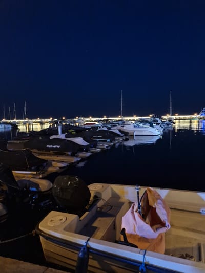 The image shows a marina at night in Sveti Vlas, Bulgaria. The scene is illuminated by artificial lights from the shore and from the boats docked along the pier. The water is dark and reflects the lights.
The primary subjects are various watercraft, including several jet skis and a larger boat named "Victoria." The jet skis are covered with tarps, suggesting they are not in use. One jet ski has "SEA-DOO" written on it. On the right side of the image, a portion of a larger boat is visible, with a large, light-pink bag partially open, revealing some items inside.
The time of day is clearly night, with a dark sky and artificial lighting. The weather appears to be calm, as there are no visible signs of wind or rough water. The location is identifiable as a marina due to the presence of docked boats and a pier.
No people are visible in the image. The overall mood is serene and quiet, typical of a marina at night. The focus is on the docked vessels and the ambiance of the nighttime marina.