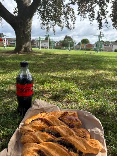 The image depicts a park scene in High Wycombe, United Kingdom. A tree occupies the left side of the frame, with residential buildings and playground equipment visible in the background. In the foreground, on the grass, there is a bottle of Coca-Cola Zero Sugar and a pastry with a braided design in a paper bag. The image is taken at ground level.