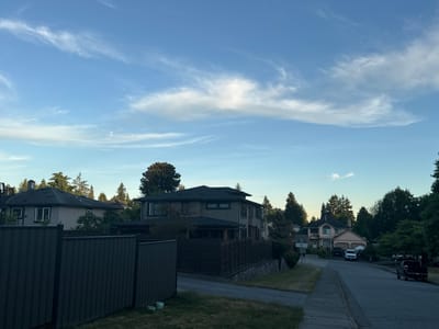 This is a ground-level, wide shot of a residential street in Coquitlam, Canada, during what appears to be late afternoon or early evening. The sky is a clear blue with scattered, wispy white clouds. The foreground is dominated by a dark gray, corrugated metal fence, with a patch of dry grass and two small blue buckets visible near the bottom right corner. Beyond the fence, a paved street curves gently into the distance.

Several houses are visible on either side of the street. On the left, a light-colored, two-story house with dark trim is partially obscured by the fence and trees. To the right of this house, a larger, darker gray house with multiple windows and a dark roof is prominent. A dark wooden fence and a stone retaining wall are situated in front of this house. Further down the street, a pale pink, two-story house with a large garage and a distinctive arched window is visible. Multiple vehicles are parked on the driveways and street, including two dark-colored SUVs, a white SUV, and a black pickup truck. A few figures are seen walking near the pink house and in the distance. Mature trees, including tall evergreens and deciduous trees with dark green foliage, surround the houses and line the street. The overall impression is of a quiet, suburban neighborhood.