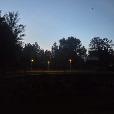 The image depicts an outdoor scene at dusk, with a clear, pale blue sky overhead, possibly indicating twilight. Silhouetted against the sky are several trees, their branches dense and dark. In the foreground, a dark, unlit area dominates the lower half of the frame, suggesting a ground or walkway. A low, dark railing runs horizontally across the middle ground, behind which are several illuminated streetlights. These lights cast a warm, yellow glow onto the path or area they illuminate. In the far distance, behind the trees and lights, a white building is faintly visible, partially obscured by the foliage. A contrail is visible in the upper portion of the sky, and a small, dark object, possibly a bird or insect, is present in the sky to the right. The image appears to be taken in a park or a landscaped area within a city.