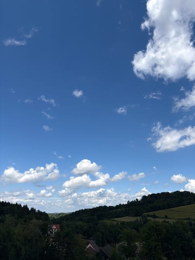 The image depicts a pastoral landscape under a bright blue sky dotted with white cumulus clouds. The foreground is dominated by dense, dark green foliage, suggesting a forest or heavily wooded area. Among the trees, several buildings are visible, including a white house with a red roof and another smaller building with a dark roof. In the midground, rolling hills covered in green vegetation, possibly fields and more trees, are apparent. The horizon is lined with a soft, hazy outline of more distant hills. The scene is natural and serene, with no people or animals present. The overall impression is one of rural tranquility and natural beauty. The location is identified as Stróża, Poland.