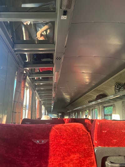 The image shows the interior of a passenger train carriage, with red velvet seats visible in the foreground. The perspective is looking down the length of the carriage, towards windows on the right side, which reveal greenery outside, suggesting a daytime setting. The seats have a distinctive embroidered logo on them. On the left side of the carriage, there are large windows, through which a person can be seen sitting, appearing to be reading or looking at papers. Another person is partially visible further down the carriage. The wall of the carriage is a light gray, with a metallic sheen and visible seams. Above the windows on the left, there are overhead compartments. The overall scene suggests a journey through a rural or semi-rural area. Some text is visible on rolled-up items in the lower section of the carriage, appearing to be airline blankets or similar, with Cyrillic lettering, including "BDZ" which is the national railway company of Bulgaria.