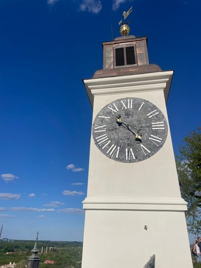 A bright, sunlit image captures a section of a clock tower against a vivid blue sky with scattered white clouds. The main subject is an off-white/cream colored tower section featuring a large, round clock face. The clock face is dark grey/black with prominent white Roman numerals, ranging from I to XII. Gold-colored hands indicate the time; the longer hand (hour hand, characteristic of the Petrovaradin clock) points just past XI, and the shorter hand (minute hand) points just past I, suggesting a time of approximately 11:07 or 11:08.
Above the clock face, the tower transitions to a section with copper-toned metallic paneling, featuring a dark louvered opening. To the far left, a golden finial or weathervane is visible, topped with a sphere and a decorative element incorporating the letter 'M'.
In the upper right corner, partially obscured by green tree foliage, two individuals, a man and a woman, are visible, looking into the distance. The lower right portion of the image shows a distant landscape or cityscape with numerous green trees and the spire of another building. The bright sunlight and clear sky indicate a sunny day, likely late morning.