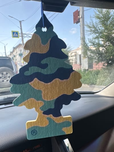 A camouflage-patterned car air freshener shaped like a pine tree hangs from a blue string inside a vehicle, suspended in front of the windshield. The air freshener features a pattern of green, blue, and yellow shapes. A blue circle with a white "R" is visible on the bottom edge of the air freshener. Through the windshield, a street scene is visible, including buildings, trees, a traffic light, and a pedestrian crossing sign. A dark-colored SUV is parked on the street. The image appears to have been taken during the daytime, with sunlight filtering through the windshield. The dashboard of the car is visible in the foreground. The location is the city of Orsk, Russia.