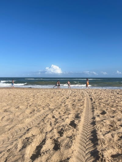 A sunny beach landscape displays a clear blue sky contrasting with sandy terrain. The shoreline is populated by four people positioned near the water's edge. A distinct set of tire tracks marks the sand, leading away from the sea. A small cloud punctuates the horizon, adding subtle texture to the sky.