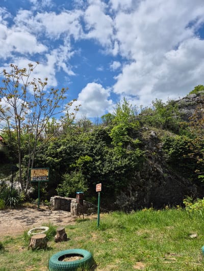 The image depicts a pathway in Raianovtsi, Bulgaria, leading toward the entrance to the Magura Cave. A rocky cliff face covered in vegetation is visible to the right of the path. A sign with text in Cyrillic and English ("Magura Cave") is present alongside the path. The sky is blue with scattered clouds, visible above the trees. A green-painted tire sits on the grass beside the path. A sign that says "Cave Entrance" sits above the entrance to the cave.