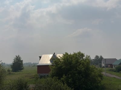 The image captures a rural scene under a cloudy sky, likely in or around Leninsk-Kuznetskiy, Russia. A red brick building with a metallic, sloped roof is prominently featured in the mid-ground, partially obscured by lush green foliage in the foreground. To the right of this building, a dirt road winds through a grassy area dotted with other residences and trees. A lone deciduous tree stands in a field to the left, with more trees and structures visible in the hazy distance. The overall atmosphere is serene and quiet, suggesting a typical day in the countryside.