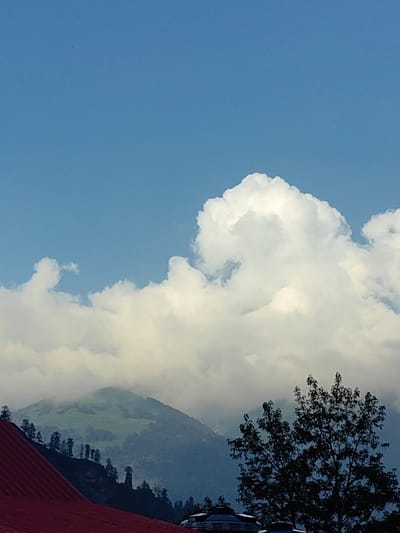 A wide-angle, outdoor photograph captured from a slightly elevated perspective shows a mountainous landscape under a bright blue sky dotted with white, fluffy clouds. The foreground features the reddish-brown, corrugated roof of a structure, angled from the lower left to the center of the frame. Beyond the roof, a dark, silhouetted tree with dense foliage stands prominently on the right side of the image.
The middle ground is dominated by a lush, green mountain slope, partially shrouded in mist and clouds that obscure its lower reaches. A scattering of dark, slender trees dots the mountainside, particularly along its edge closest to the viewer. The background consists of hazy, distant mountains that fade into the atmospheric conditions.
The scene appears to be located in Solang, India, given the characteristic mountainous terrain and vegetation. No people or animals are visible in the image. The overall impression is one of natural beauty and tranquility, with a hint of the raw, untamed environment of the Himalayas.