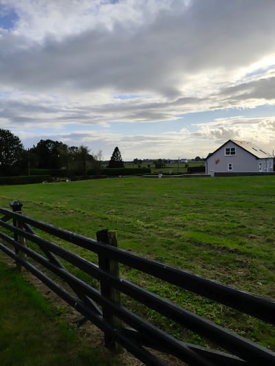 The image depicts a wide, low-angle view of a green, grassy field in Roundfort, Ireland. In the foreground, a dark wooden fence runs diagonally from the bottom left corner across the frame. The fence is constructed with horizontal rails supported by vertical posts, some of which appear weathered. Beyond the fence, the field is characterized by lush green grass, with some patches of lighter or sparser growth.
In the middle ground, a light grey, modern house with a dark pitched roof is visible on the right side of the frame. The house has several white-framed windows, including two small square windows on the upper level and rectangular windows on the lower level. An orange and green flag is attached to the side of the house. A low, white-walled barrier or retaining wall extends from the front of the house into the field. Scattered in the distance behind the house are more houses and trees, suggesting a rural or semi-rural setting.
The background is dominated by a dramatic sky filled with a mix of grey and white clouds. Sunlight is breaking through in the upper right portion of the frame, casting a bright glow. A single, tall, dark evergreen tree stands prominently in the middle ground on the left side of the frame, amidst a line of deciduous trees and hedgerows that form a boundary across the landscape. The overall atmosphere is that of a rural landscape under a dynamic sky.